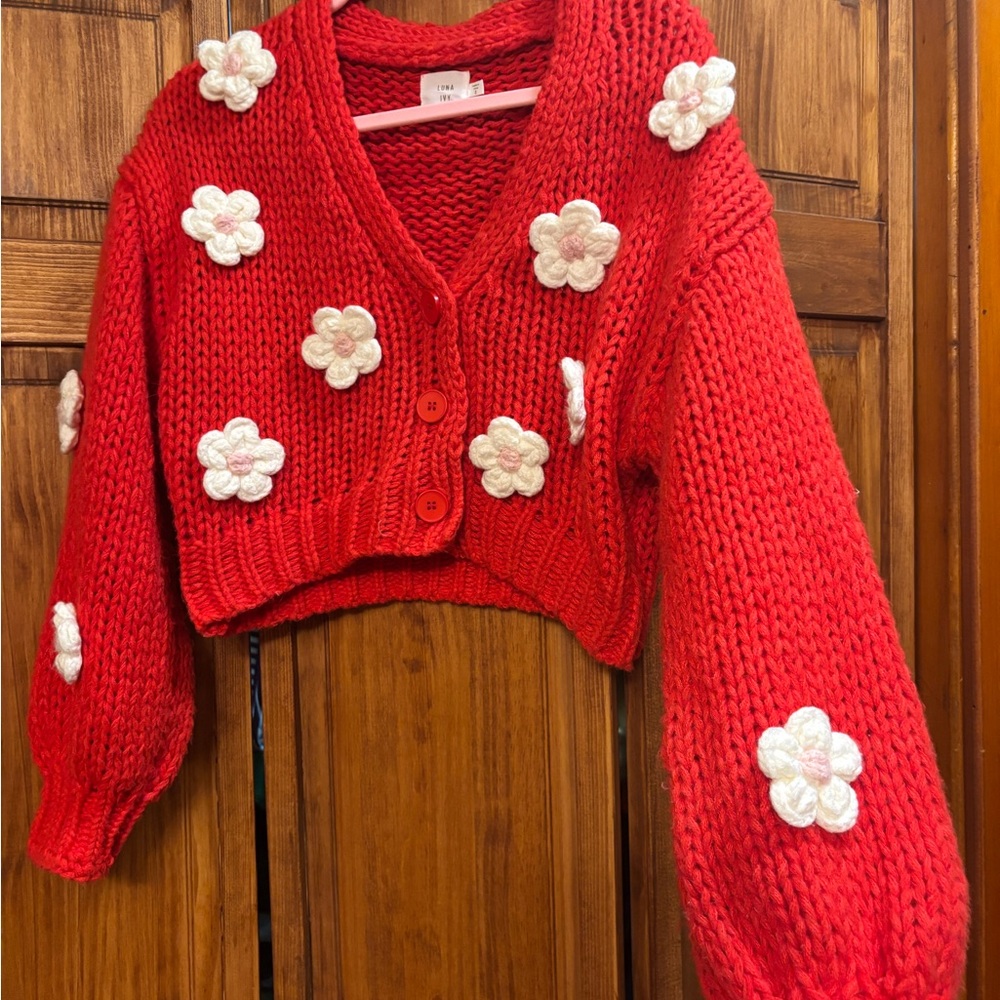Luna Ivy Cozy Red Floral Knit Cardigan - Picture 4 of 7